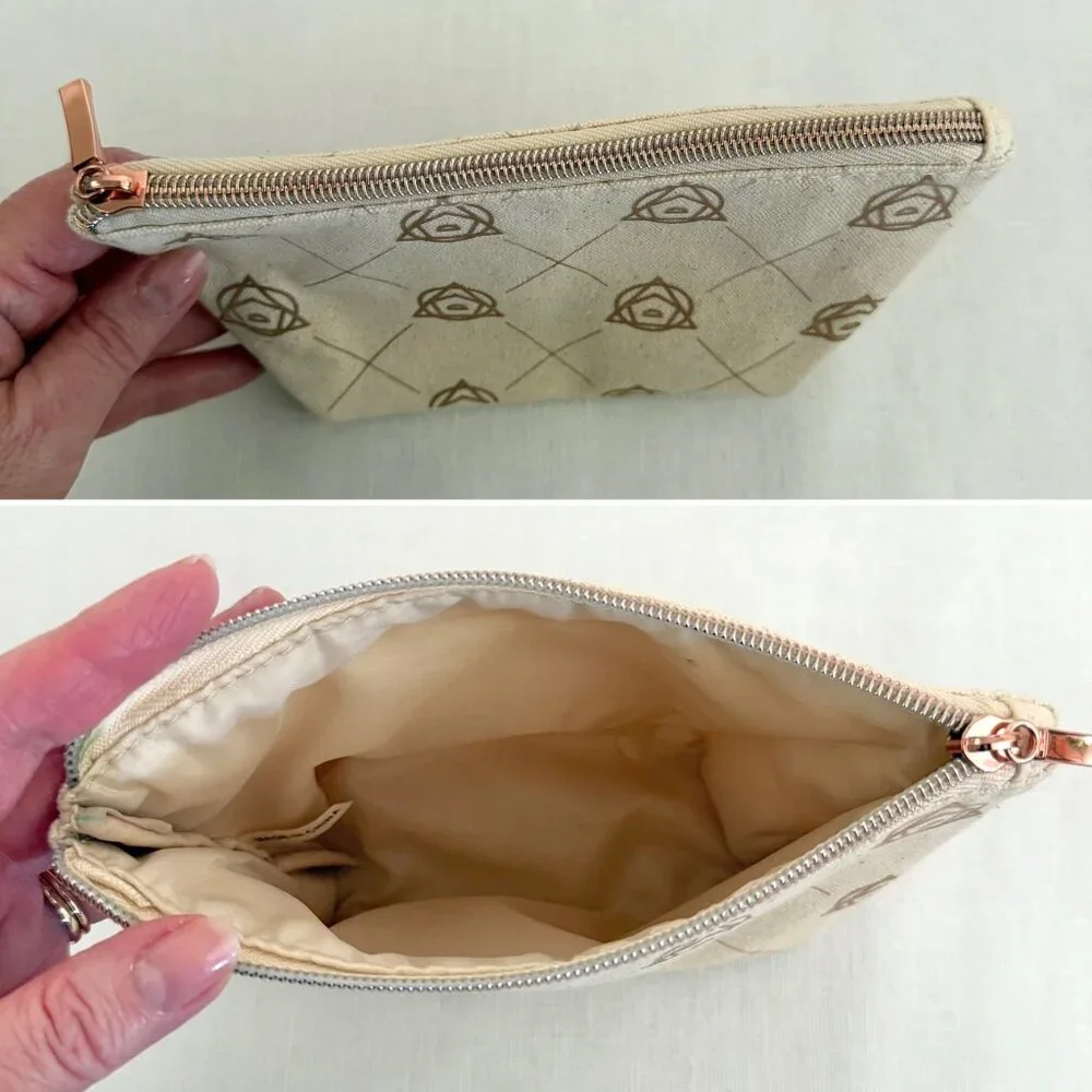 Small Beige Canvas Printed Pouch Cosmetic Bag 6x4x2 Inches Rose Gold Zipper